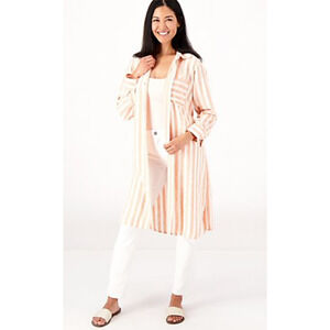 Joan Rivers Womens White Orange Linen Striped Long Sleeve Shirt Dress Medium